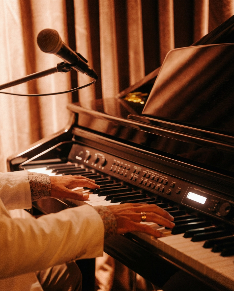 Hands playing a grand piano in warm light